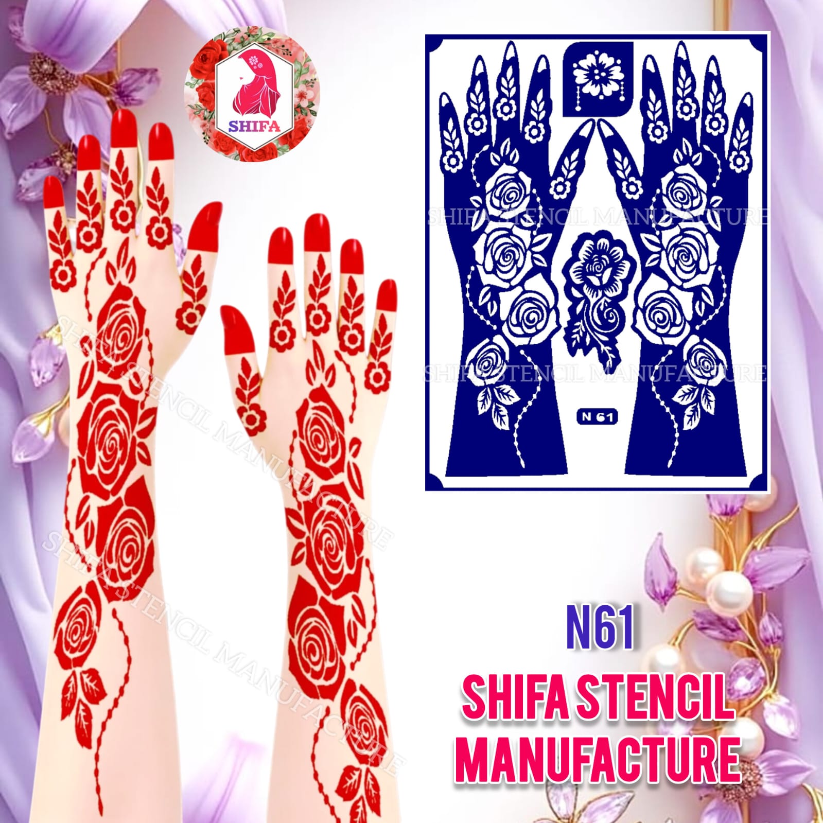 N61 Rose Cascade Elegance Henna Double Hand Henna Stencil - Shifa Stencil